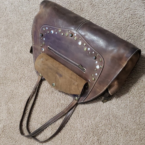 Patricia Nash Large Brown Leather Ergo Studded Satchel Bag Shoulder Hobo Handbag - Picture 10 of 15